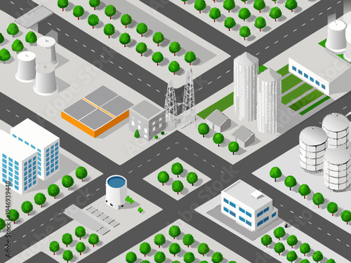 Isometric illustration of a modern city with industrial elements and green spaces