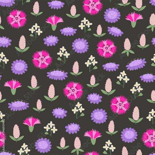 Pink wildflowers seamless allover pattern. Delicate hand drawn dianthus, scabious and clover flowers vector print. Botanical spring nature motifs. Seasonal floral blossom background.
