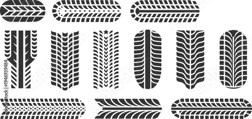 Collection of black tire tracks prints and marks isolated on a white background.