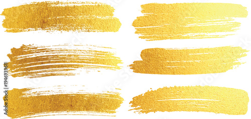 Gold paint brush strokes. Collection of golden paint brush strokes isolated on transparent background. Set of gold brush strokes isolated on white background.	