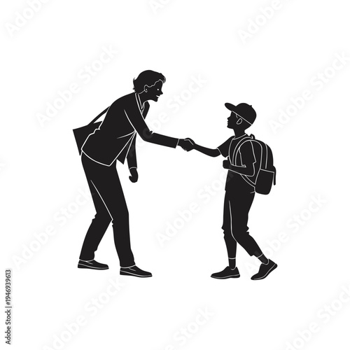 Adult and child with backpacks shaking hands in a friendly gesture symbolizing mentorship and learning journey