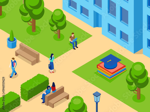 Isometric illustration of students studying and relaxing on a campus grounds