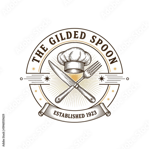 Restaurant Badge Vintage Chef Hat Knife Fork Sunburst Design