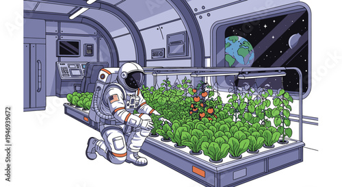 Astronaut Tending Plants in Space Station.