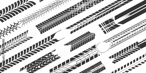 Collection of black tire tracks prints and marks isolated on a white background.