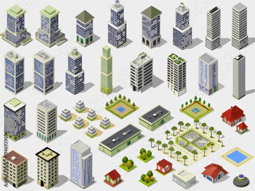 Isometric collection of various city buildings parks and structures