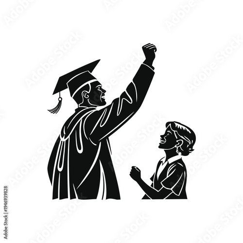 Graduate celebrating academic success beside a young child wearing a school uniform symbolizing inspiration