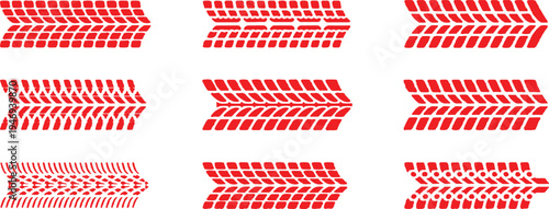 Tire tracks vector set grungy, dirty, and detailed tire marks, footprints, and trails. Collection of diverse red tire tracks footprints and marks isolated on a white background in vector format. 