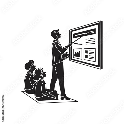 Teacher presenting a digital lesson on a screen while two students sit attentively in a classroom