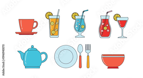 Colorful drink and tableware illustrations