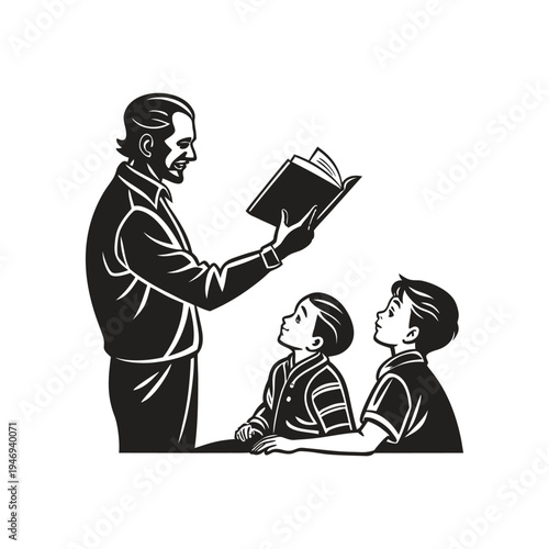 Teacher holding a book while two students look up attentively listening to the lesson