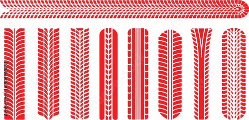 Tire tracks vector set grungy, dirty, and detailed tire marks, footprints, and trails. Collection of diverse red tire tracks footprints and marks isolated on a white background in vector format. 