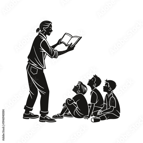 Teacher reading a storybook to a group of children sitting on the classroom floor in an engaging learning moment