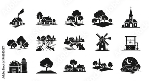 Collection of Black and White Rural Landscape Icons.