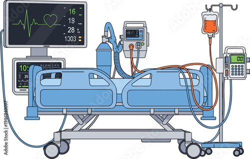 Hospital intensive care bed with medical monitoring equipment ventilator IV drip and heart monitor healthcare vector illustration isolated