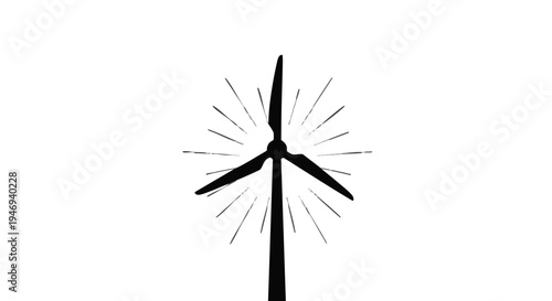 Vector wind turbine icon, black, with sunburst lines