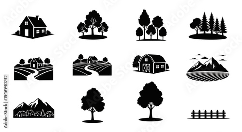 Collection of Black and White Rural Landscape Icons.