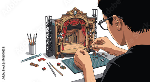 Artist Creating Miniature Theater Stage Model.
