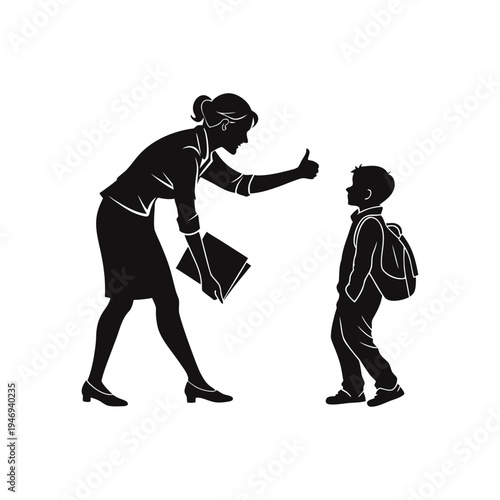 Teacher giving a supportive thumbs up to a student carrying a backpack in a school setting