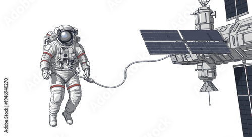 Astronaut Tethered to Spacecraft in Orbit.