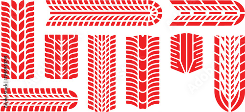 Tire tracks vector set grungy, dirty, and detailed tire marks, footprints, and trails. Collection of diverse red tire tracks footprints and marks isolated on a white background in vector format. 