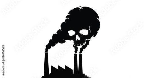 Industrial pollution skull, factory smoke, environmental damage, black silhouette