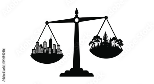City versus nature, balance scale, urban vs tropical, black silhouette icons