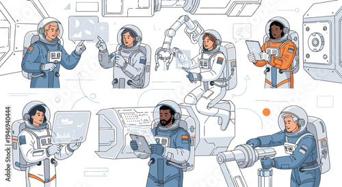 Astronauts in Space Suits Working Together.