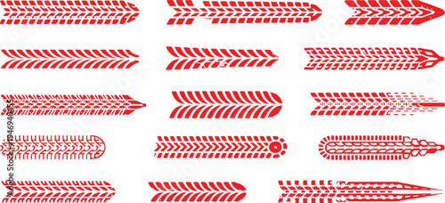 Tire tracks vector set grungy, dirty, and detailed tire marks, footprints, and trails. Collection of diverse red tire tracks footprints and marks isolated on a white background in vector format. 