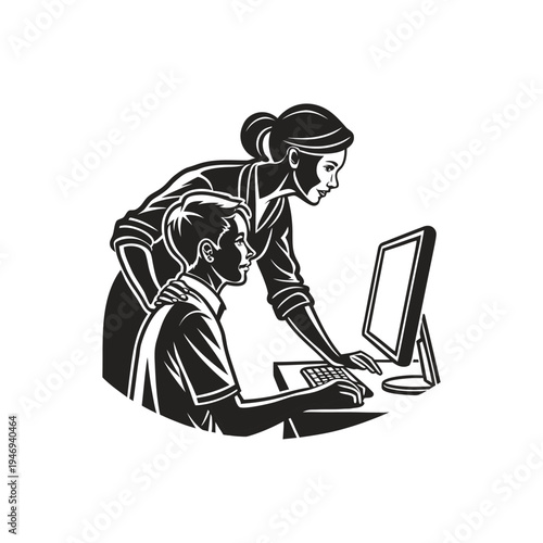 Teacher and student working together on a computer illustrating collaborative digital learning