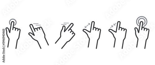 Isolated bundle outline illustrations of hand finger gestures showing single click, double click, swipe, and zoom interactions for touchscreen interface