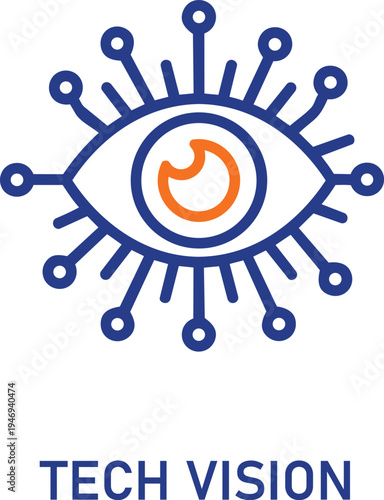 Blue and orange tech vision eye icon with circuit board elements on transparent background