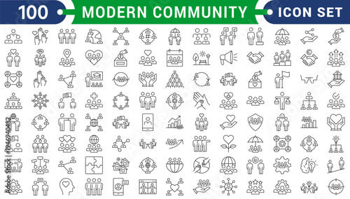 Modern community line editable icons set. Thin vector illustration of people, social network, neighborhood, friendship, family, connection & belonging symbols.