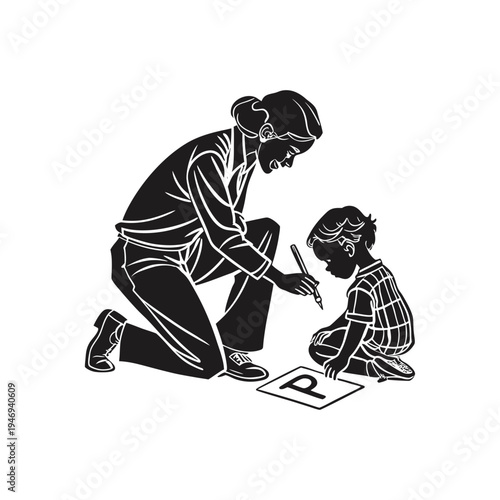 Teacher helping a young student practice writing the letter �p� on a sheet of paper