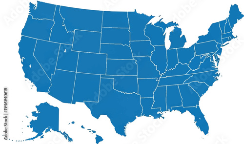 Vector illustration of the map of the United States USA with state borders isolated on white background for geography and travel design