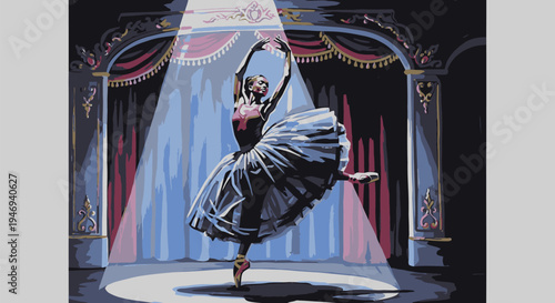 Ballerina Dancing on Stage with Curtains.