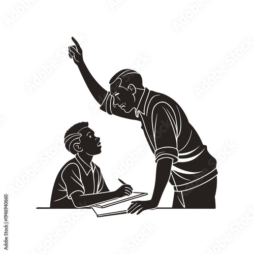 Teacher guiding a student in class while the student raises a hand and holds a book during a lesson