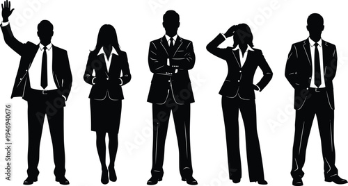 Untitled-1Professional Business Team Silhouettes in Formal Suits with Diverse Poses Including Waving Arms Crossed and Confident Leadership Stance Isolated