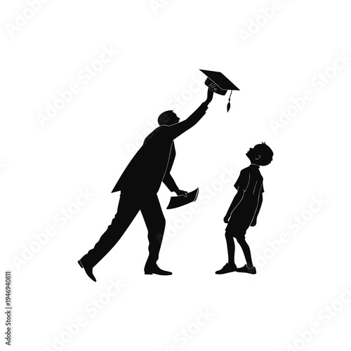 Adult presenting a graduation cap to a child in a symbolic black silhouette illustration of future success