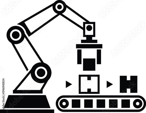 Industrial Robot Arm Assembling Parts on Conveyor Vector Silhouette