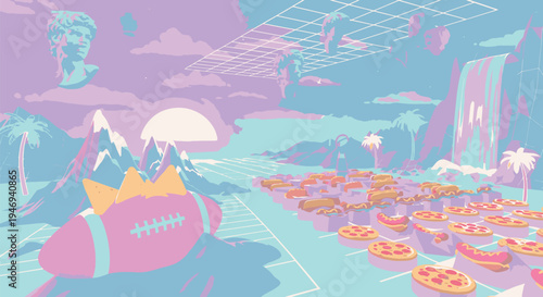 Futuristic Landscape with Donuts and UFO.