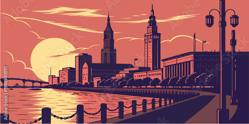 USA, US, U.S, United States - Cleveland Waterfront Sunset – Historic Skyline, Lake Erie Reflections, and Great Lakes Panorama in the United States