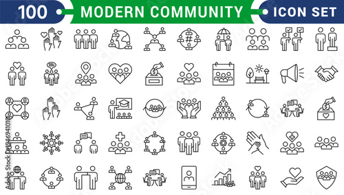 Modern community line editable icons set. Thin vector illustration of people, social network, neighborhood, friendship, family, connection & belonging symbols.