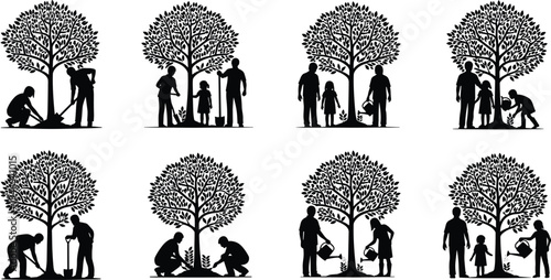 Family tree planting silhouettes set with parents and children gardening together environmental conservation concept black vector illustration collection