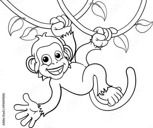 A monkey cartoon character singing on jungle vines and waving