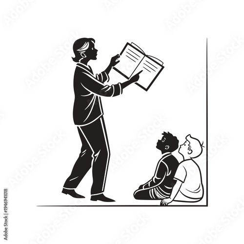 Teacher reading an engaging storybook to two students sitting on the classroom floor