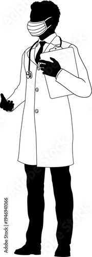 Silhouette doctor man medical healthcare person. In a lab coat and PPE mask holding a clipboard.