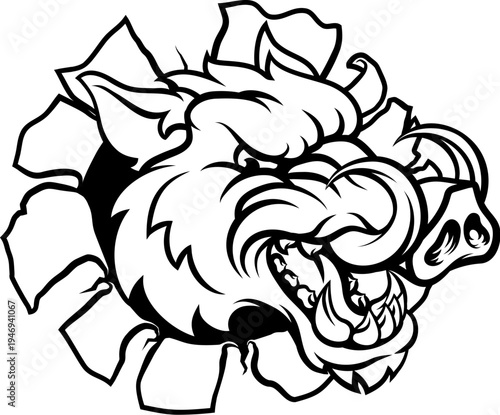 A wild boar, hog razorback warthog pig mean tough cartoon sports mascot
