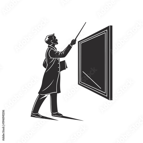 Black and white illustration of a teacher pointing at a classroom blackboard while explaining a lesson