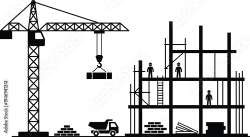 Heavy Construction Site with Crane and Building Framework Vector